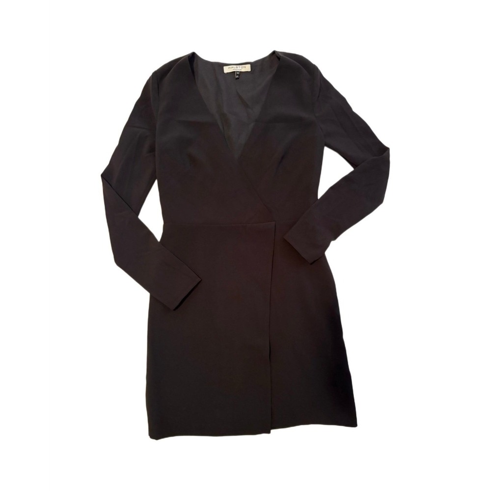 Halston Heritage Black Long Sleeve V-Neck Mini Faux Wrap Cocktail Dress Size 4